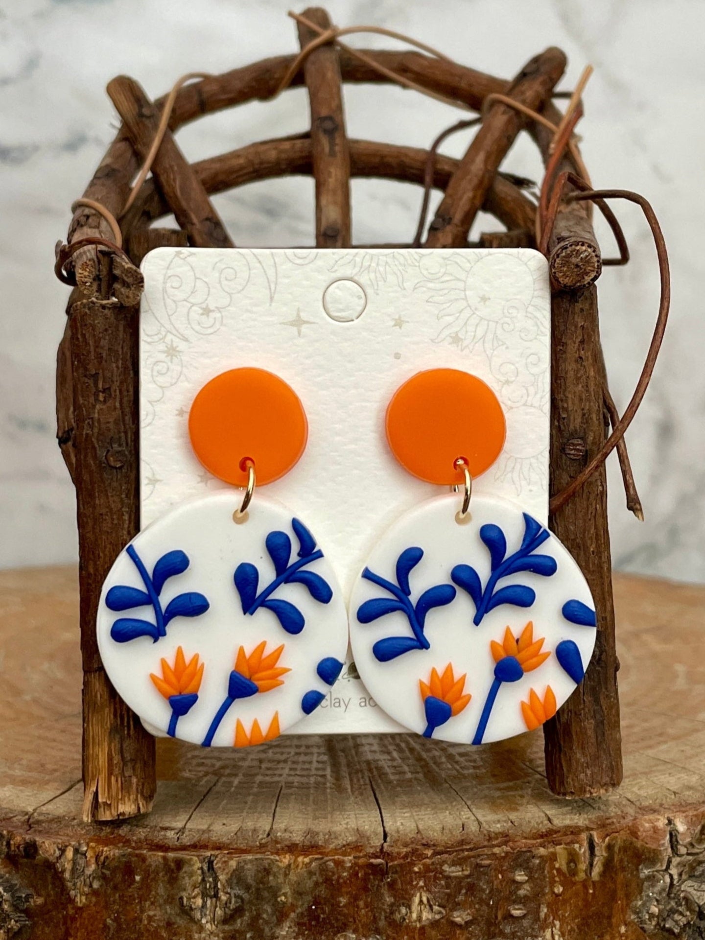 Handmade Polymer Clay Blue & Orange Floral Earrings