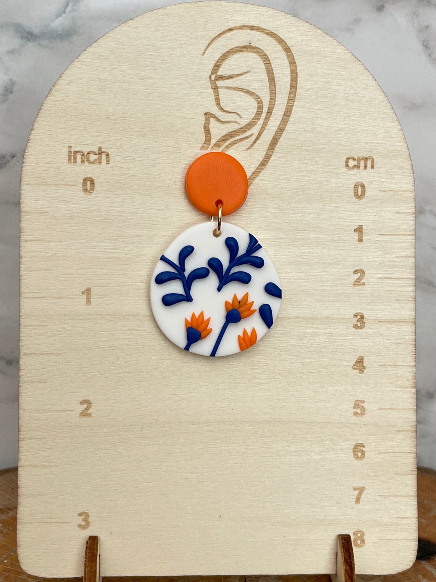 Handmade Polymer Clay Blue & Orange Floral Earrings