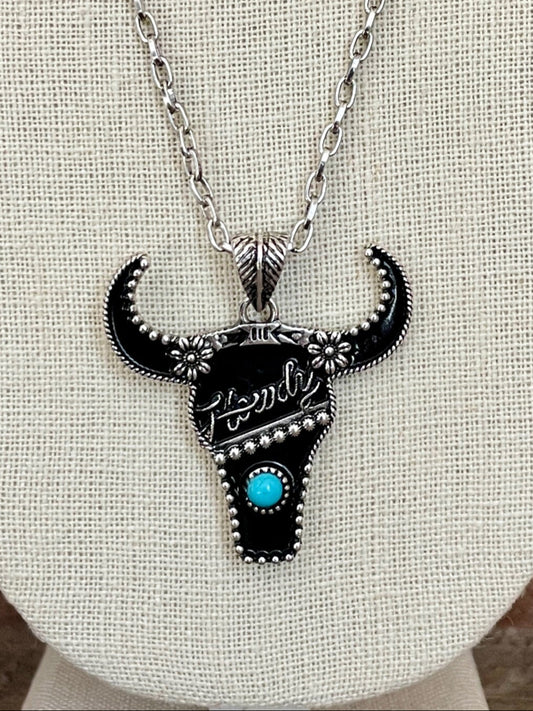 Howdy Steer Skull Paperclip Chain Necklace with Turquoise