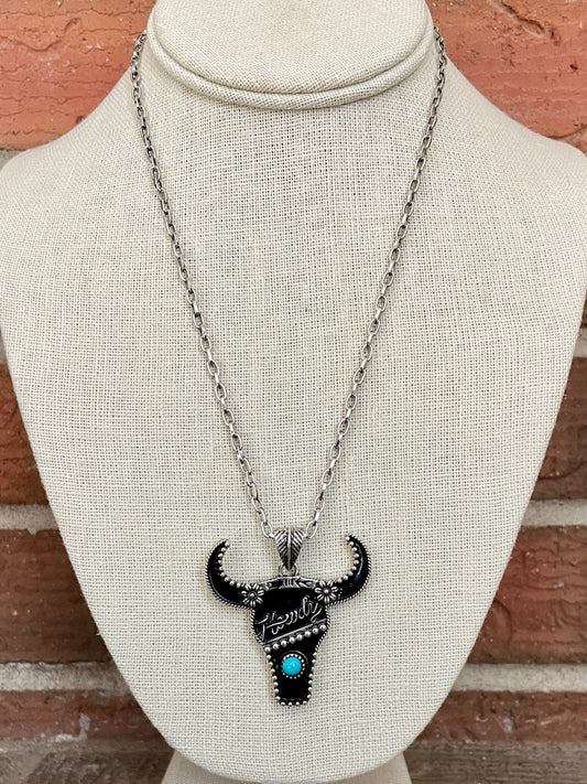 Howdy Steer Skull Paperclip Chain Necklace with Turquoise