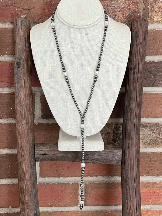 Navajo Style Pearl Lariat Necklace with White Faux Pearls