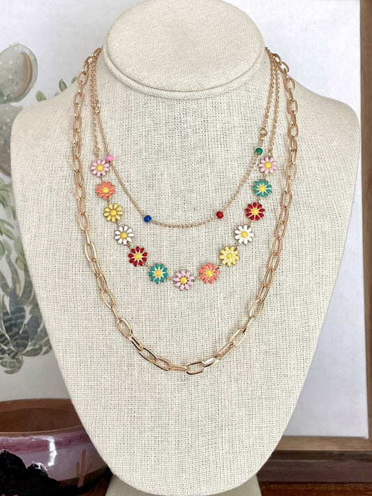 Layered Daisy Chain and Paperclip Necklace Set