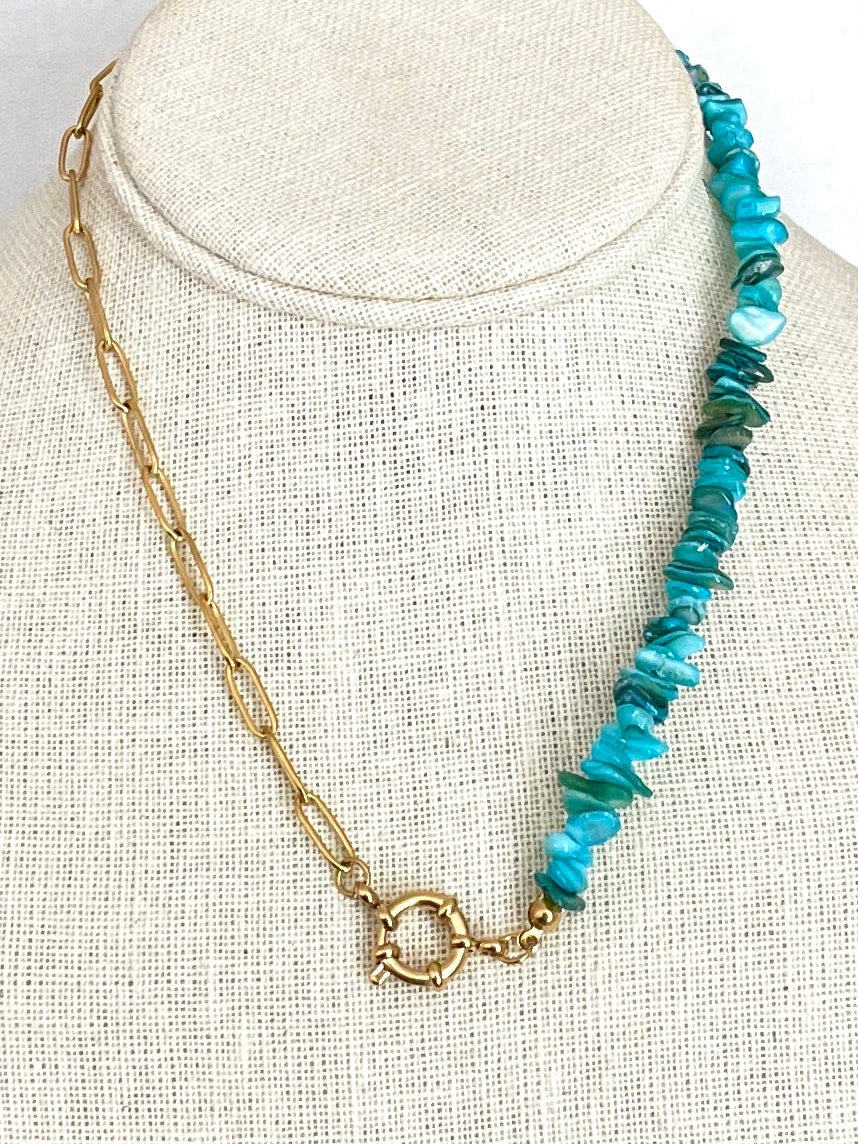 Asymmetric Paperclip Chain Necklace with Turquoise Chips