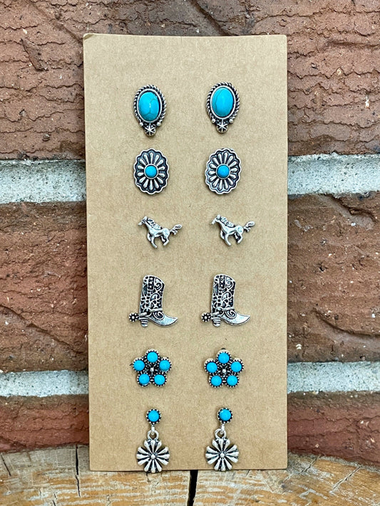 Running Horse and Turquoise Concho Stud Earring Set