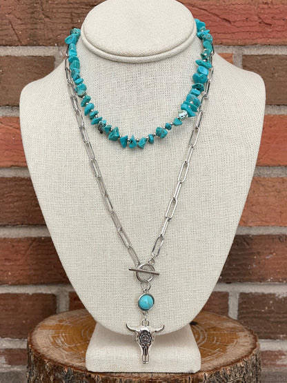 Floral Steer Skull and Turquoise Chip Necklace Set