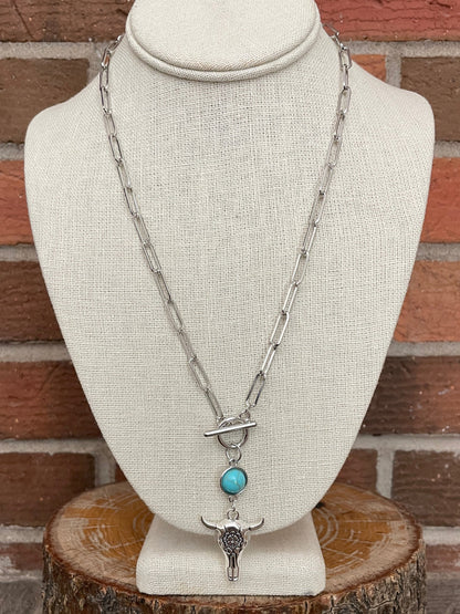 Floral Steer Skull and Turquoise Chip Necklace Set