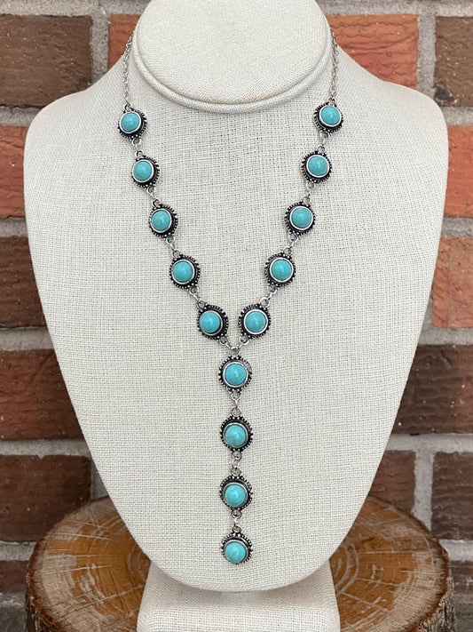 Round Faux Turquoise Concho Lariat Necklace
