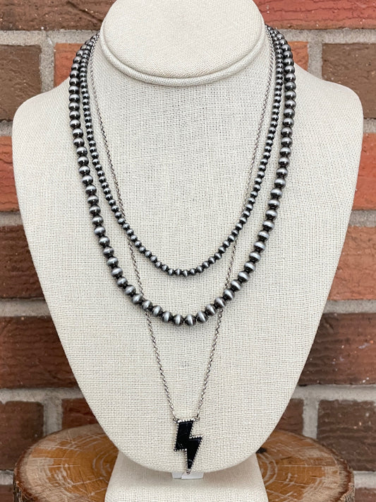 Black Lightning Bolt and Navajo Style Pearl Necklace