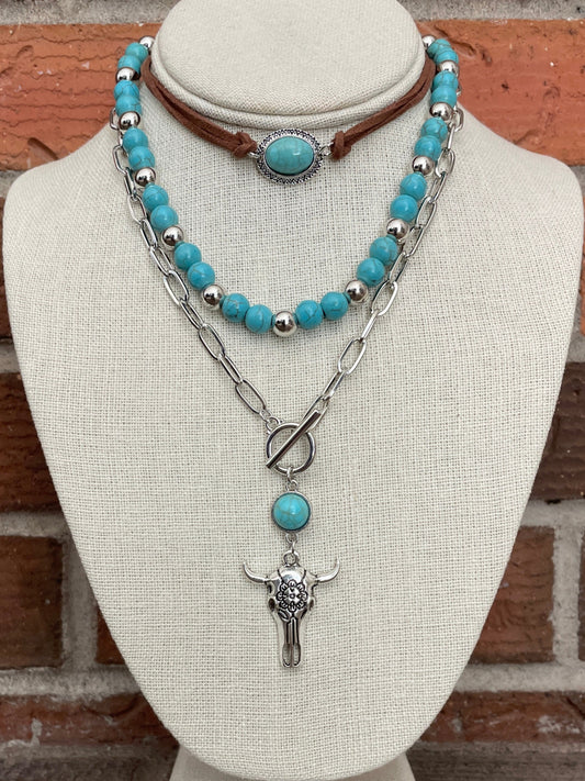 Floral Steer Skull and Faux Turquoise Choker Necklace Set