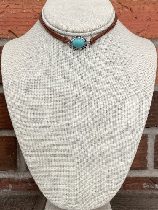 Floral Steer Skull and Faux Turquoise Choker Necklace Set