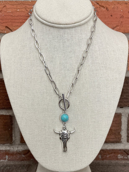 Floral Steer Skull and Faux Turquoise Choker Necklace Set