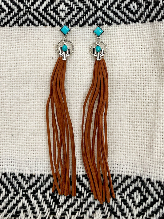 Faux Leather Fringe Earrings with Saguaro Cactus & Turquoise
