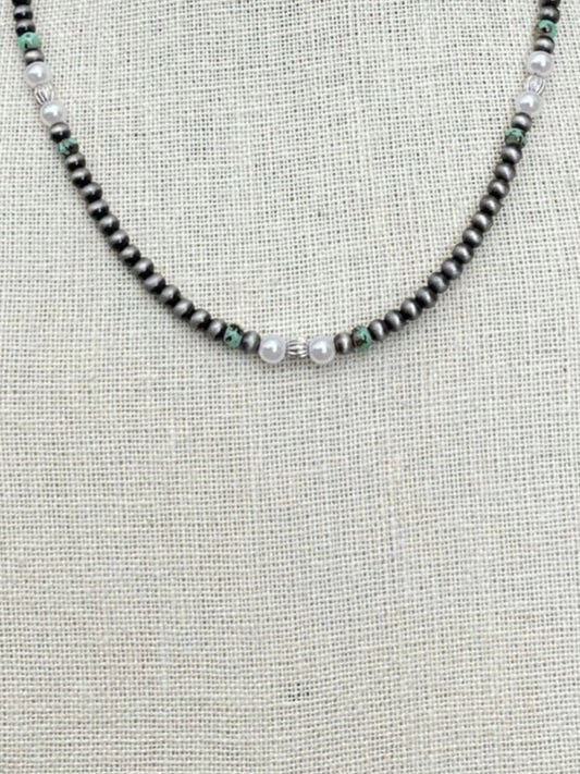 Navajo Style Pearl Necklace with Green, Brown & White