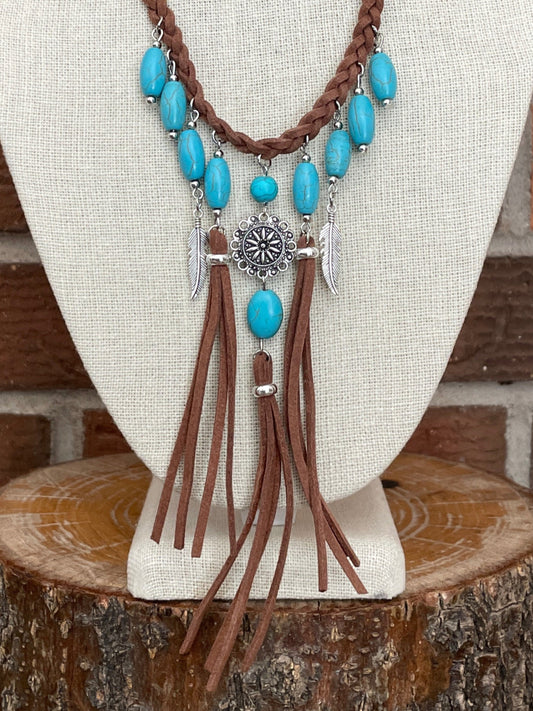 Braided Faux Leather Fringe Statement Necklace with Turquoise