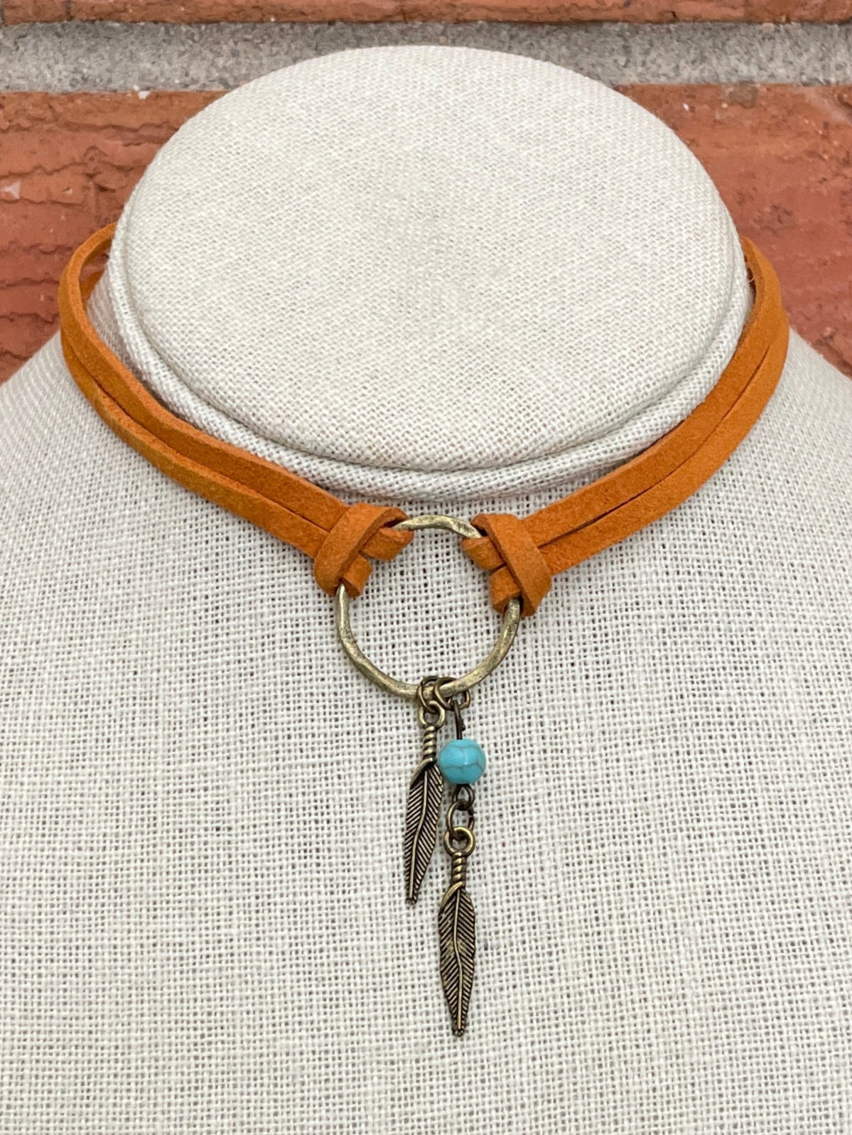Buckskin Faux Leather Choker Necklace with Feathers & Turquoise