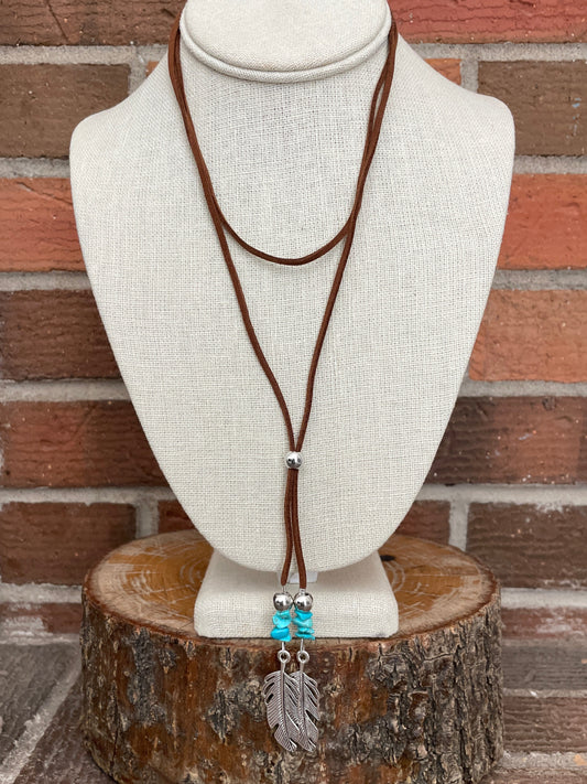 Faux Leather Wrap Lariat Necklace with Feathers & Turquoise