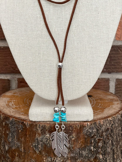Faux Leather Wrap Lariat Necklace with Feathers & Turquoise