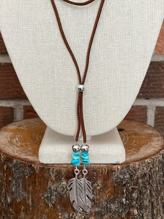 Faux Leather Wrap Lariat Necklace with Feathers & Turquoise