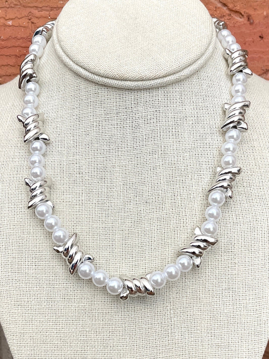 Faux Pearl Necklace with Barbed Wire Beads