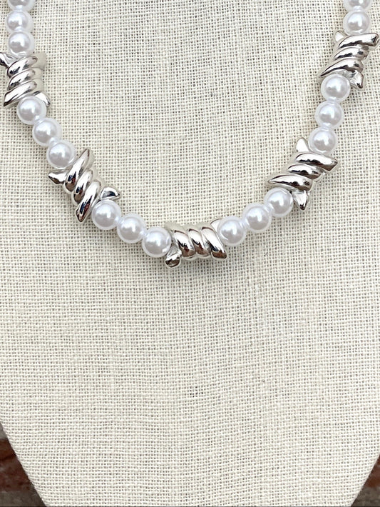 Faux Pearl Necklace with Barbed Wire Beads