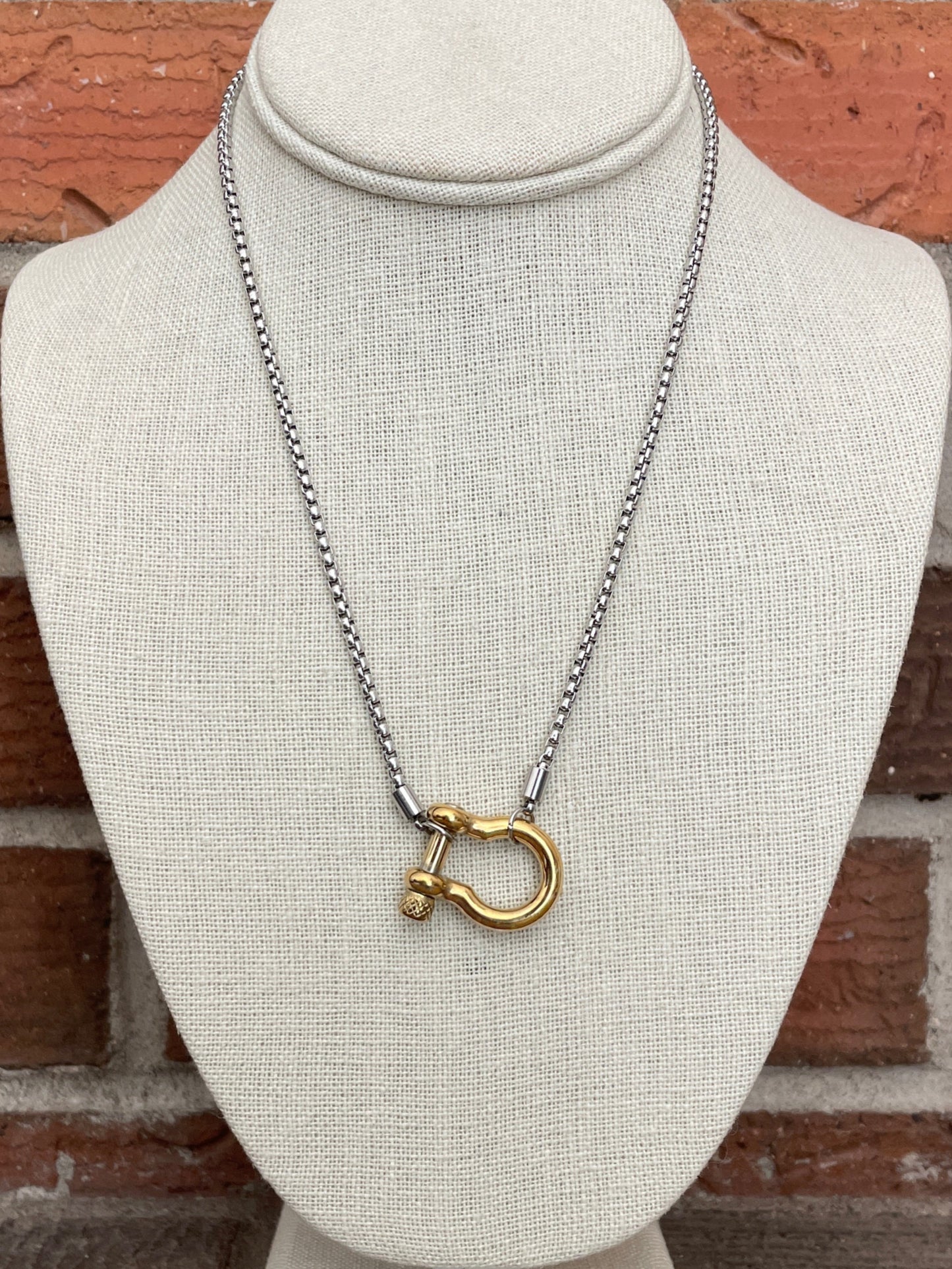 Shackle Bolt Necklace - Gold with Silver Chain