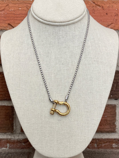 Shackle Bolt Necklace - Gold with Silver Chain