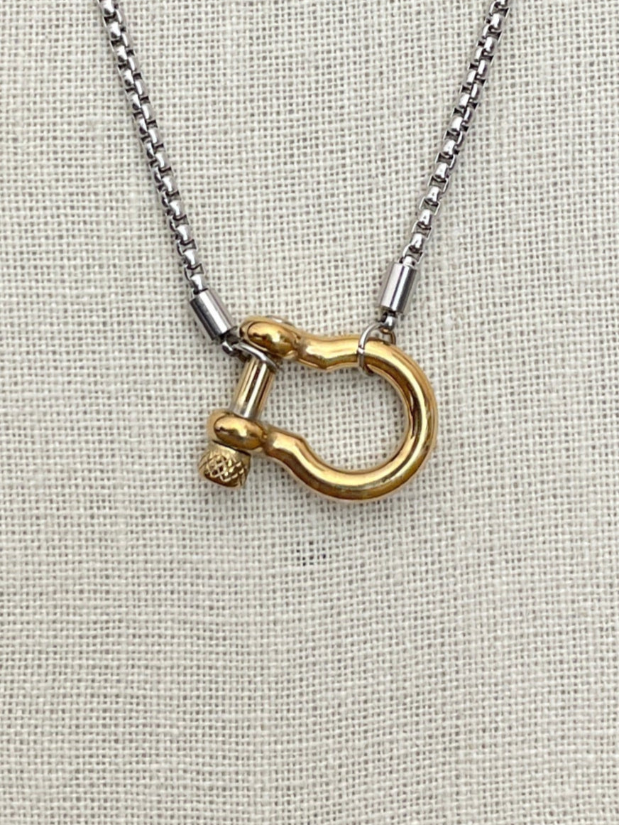 Shackle Bolt Necklace - Gold with Silver Chain