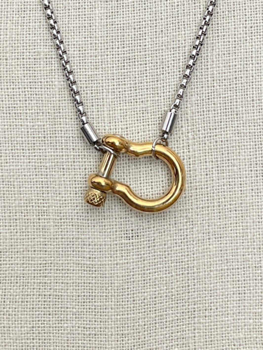 Shackle Bolt Necklace - Gold with Silver Chain