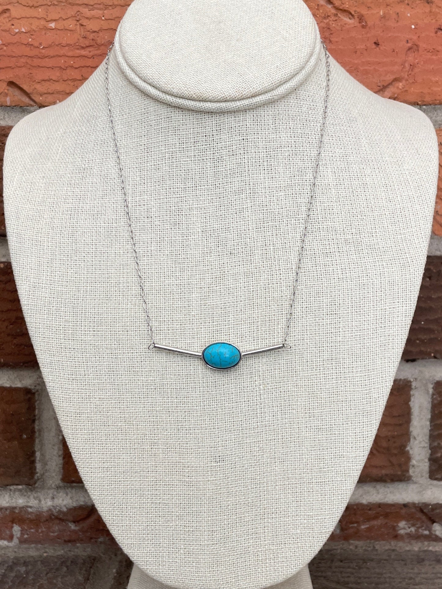 Stainless Steel Bar Necklace with Turquoise - Silver
