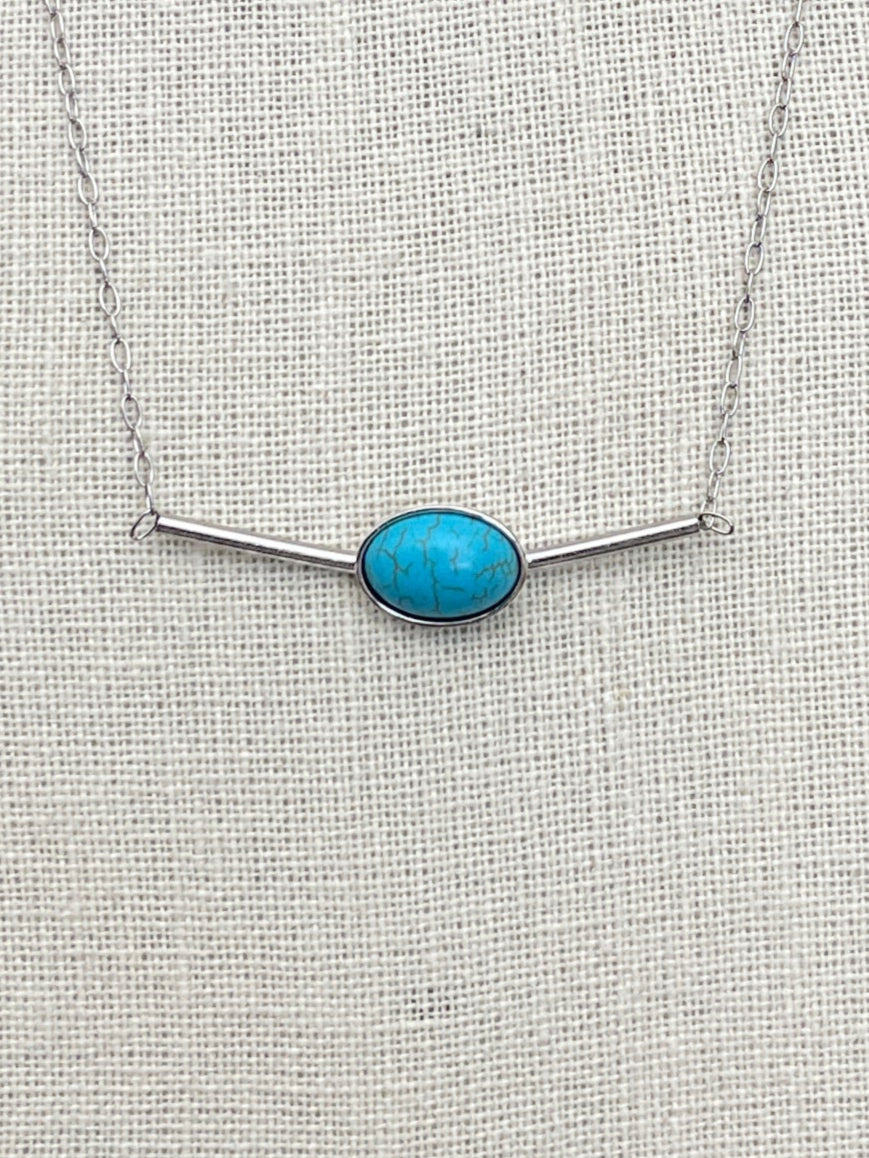 Stainless Steel Bar Necklace with Turquoise - Silver