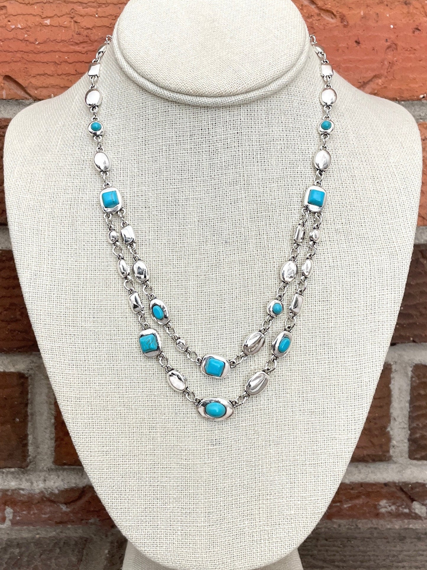 Layered Turquoise and Silver Geometric Necklace