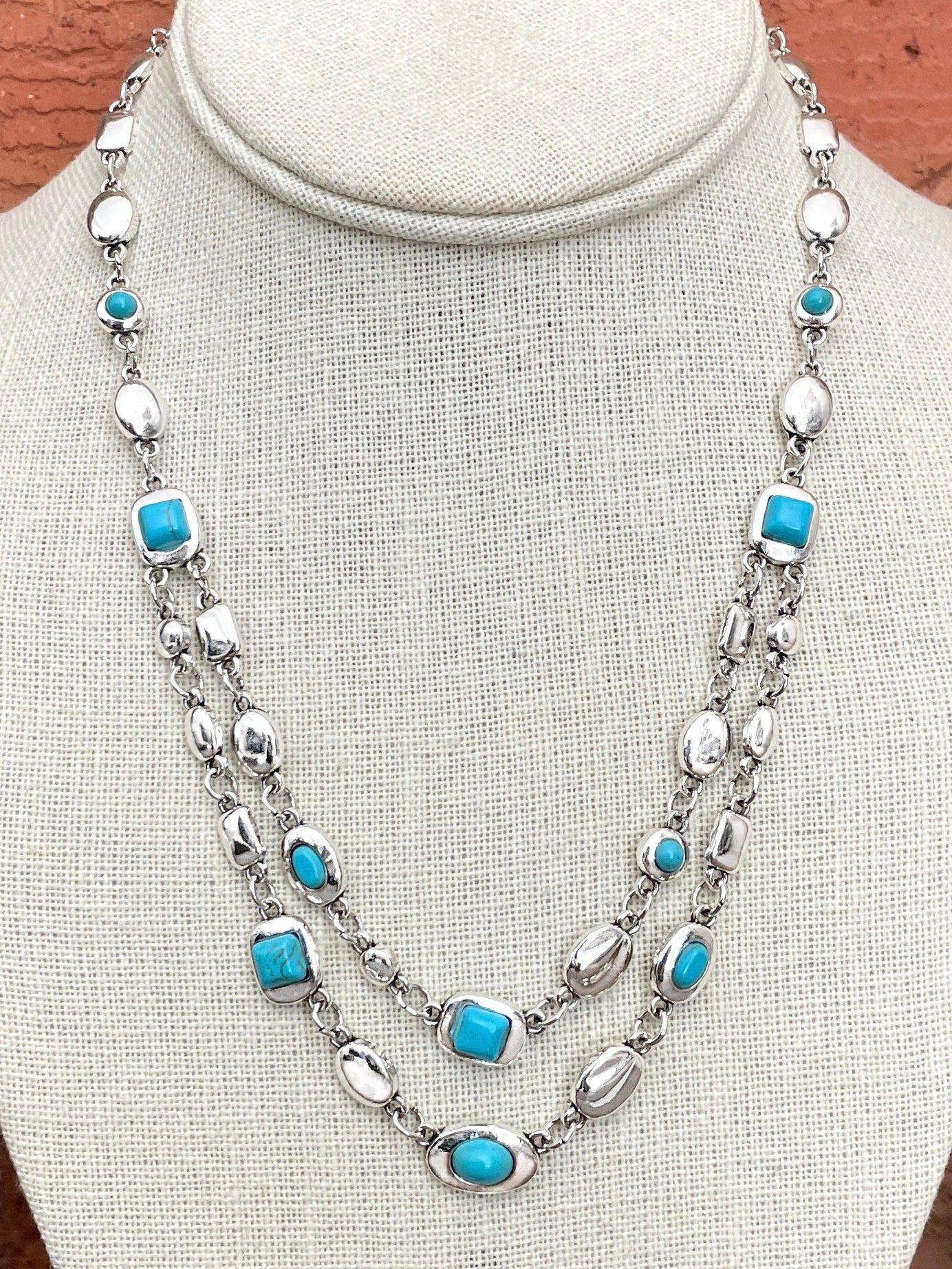 Layered Turquoise and Silver Geometric Necklace