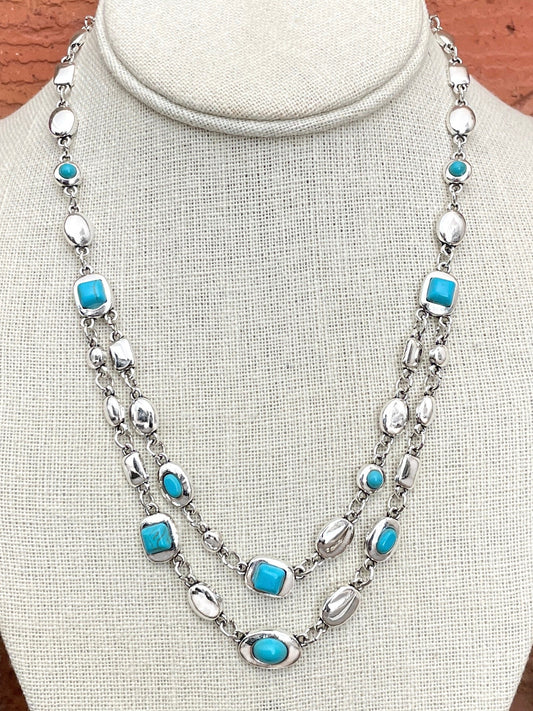 Layered Turquoise and Silver Geometric Necklace