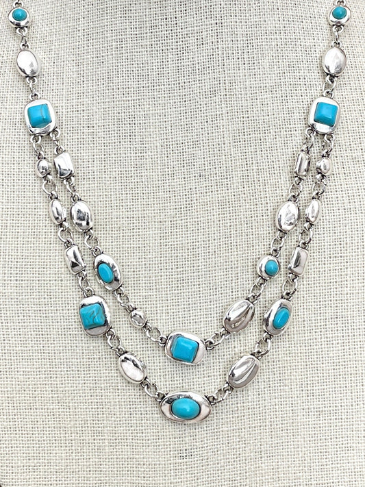 Layered Turquoise and Silver Geometric Necklace
