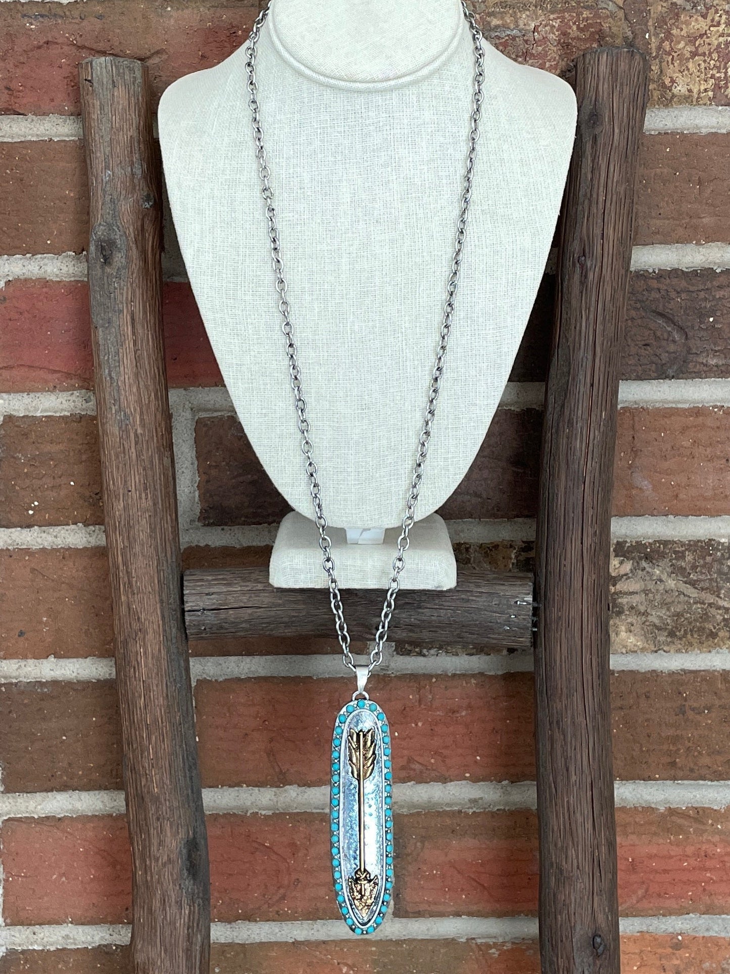 Mixed Metal Arrow Necklace with Turquoise
