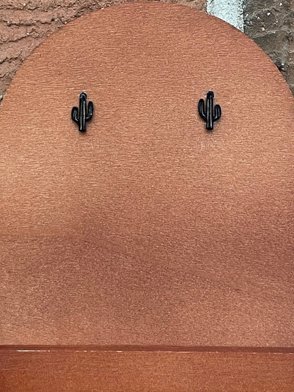 Stainless Steel Saguaro Cactus Earrings - Black