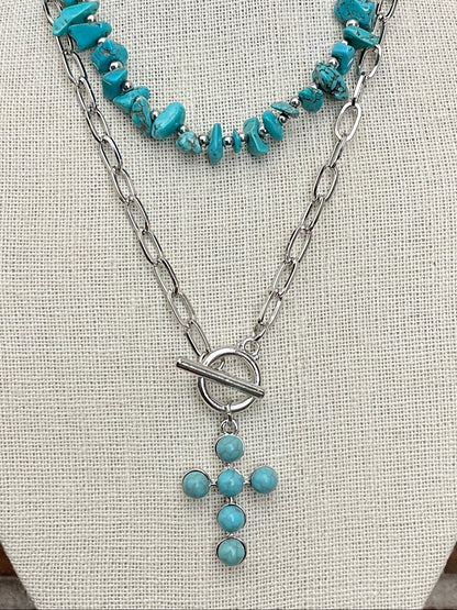 Faux Turquoise Cluster Cross Necklace Set