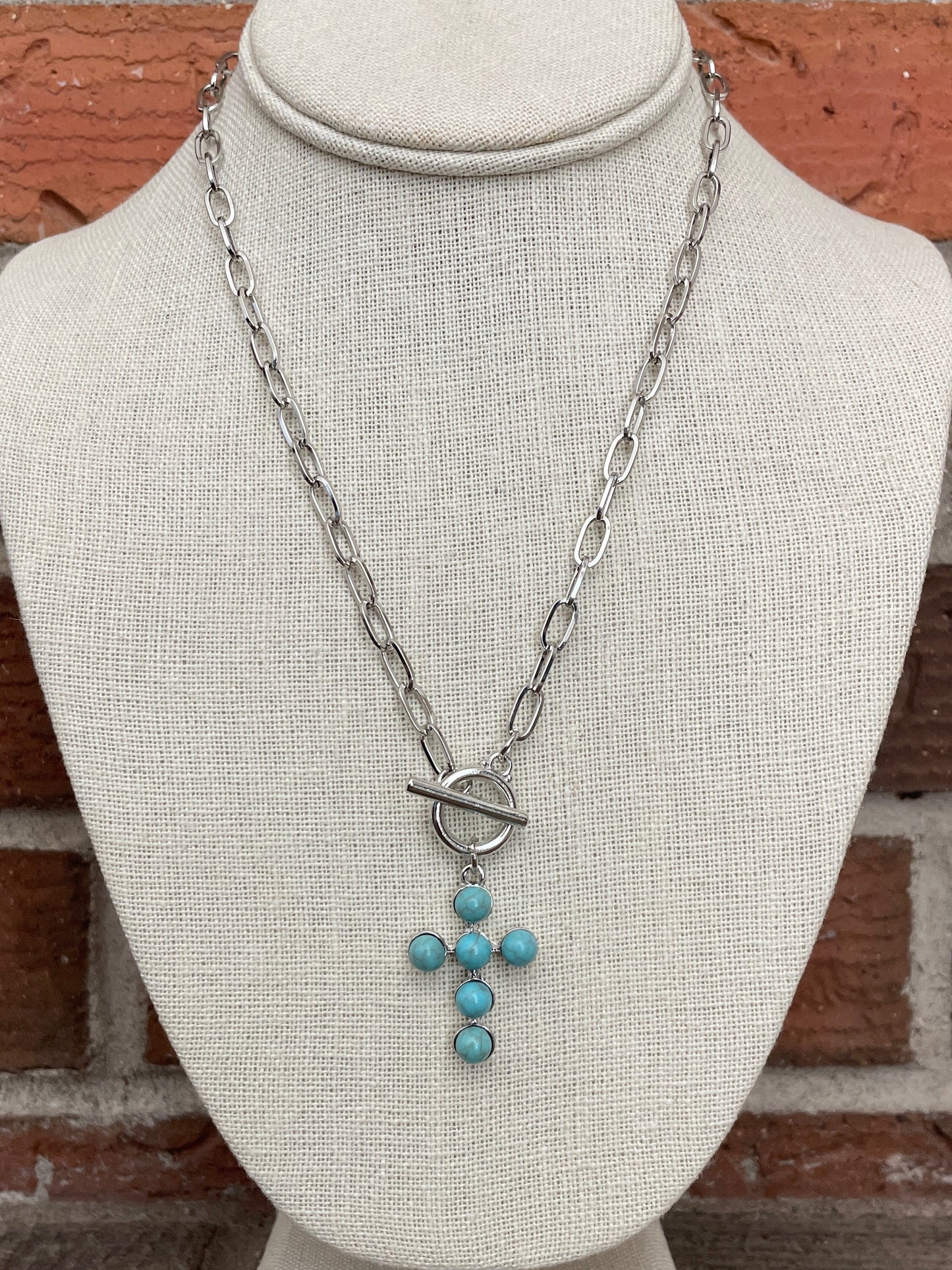 Faux Turquoise Cluster Cross Necklace Set