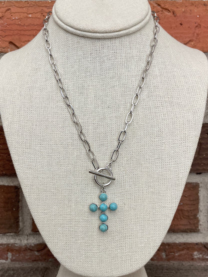 Faux Turquoise Cluster Cross Necklace Set