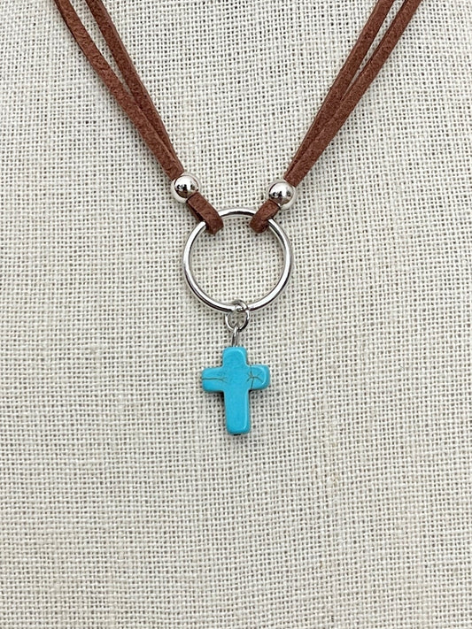 Faux Leather Choker Necklace with Turquoise Cross