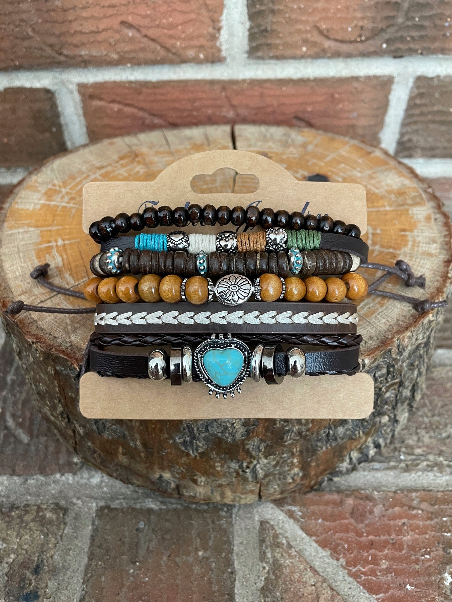 Faux Leather Bracelet Set with Turquoise Heart