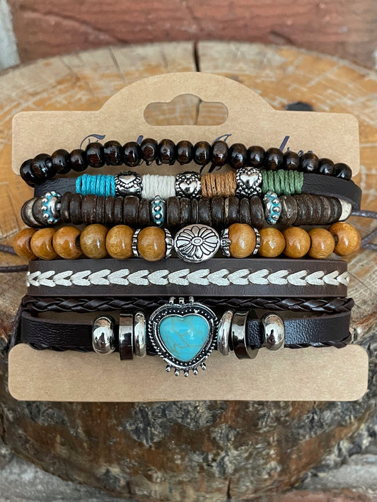 Faux Leather Bracelet Set with Turquoise Heart