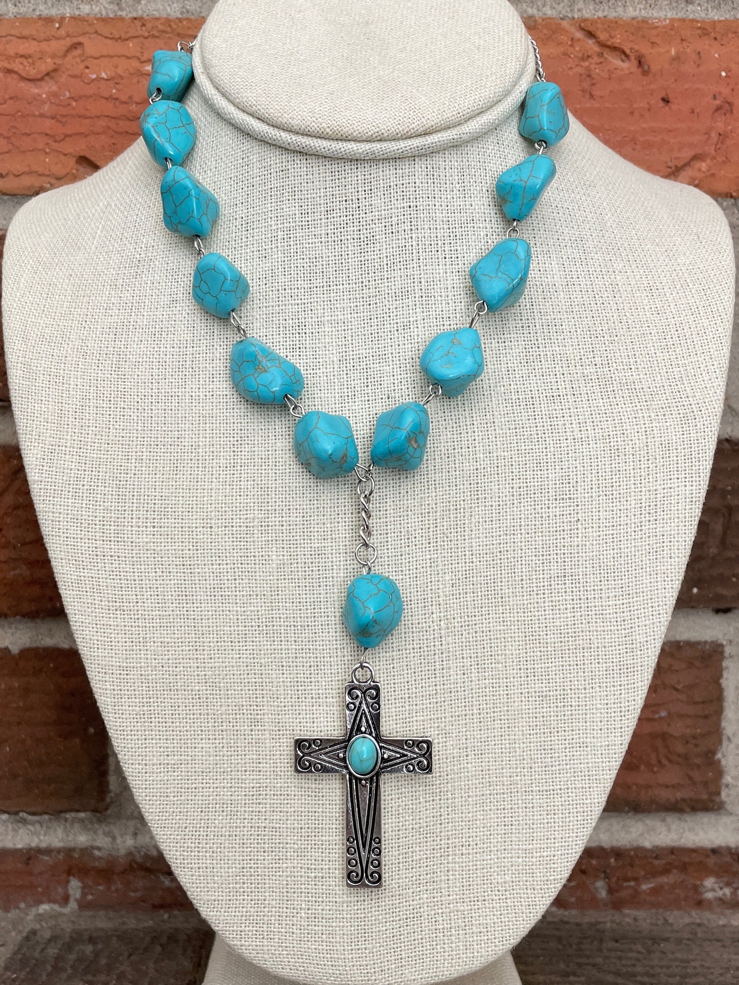Cross Lariat Necklace with Faux Turquoise