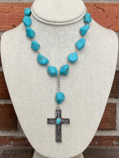 Cross Lariat Necklace with Faux Turquoise