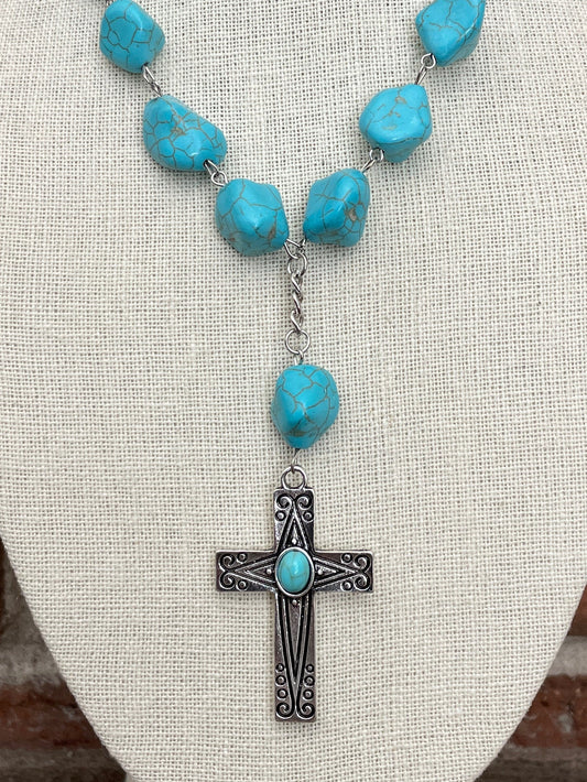 Cross Lariat Necklace with Faux Turquoise