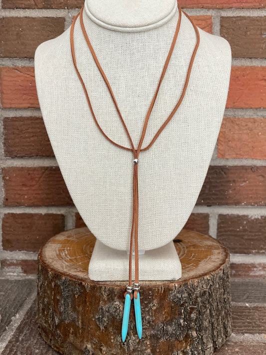 Faux Leather Wrap Lariat Necklace with Turquoise