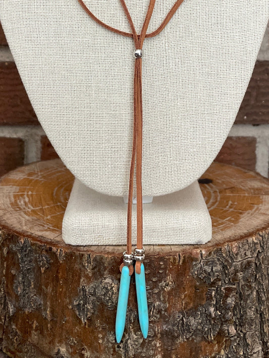 Faux Leather Wrap Lariat Necklace with Turquoise