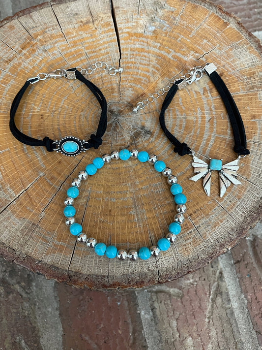 Bow Bracelet Set with Black Faux Leather & Turquoise