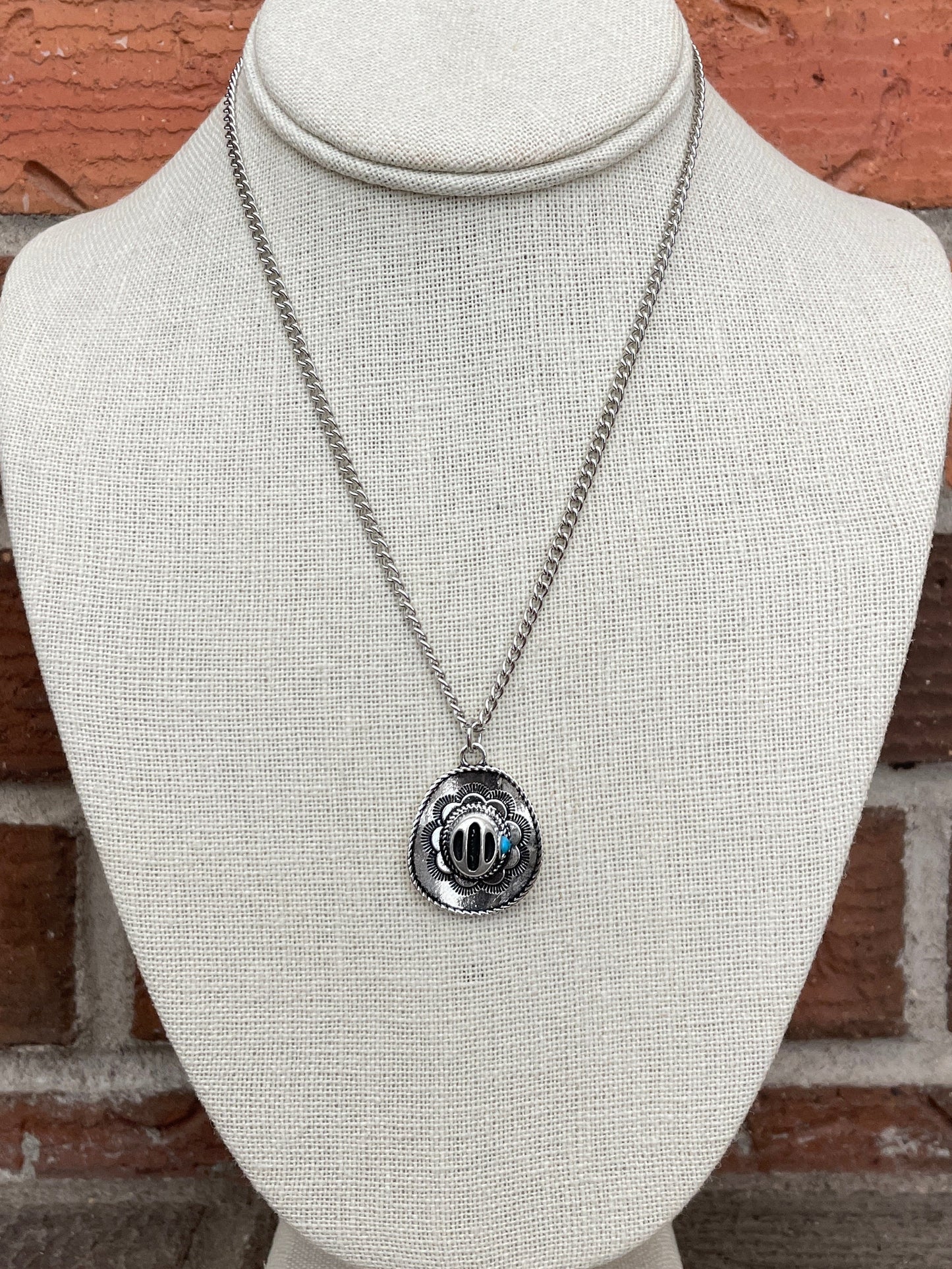 Detailed Cowboy Hat Necklace with Faux Turquoise