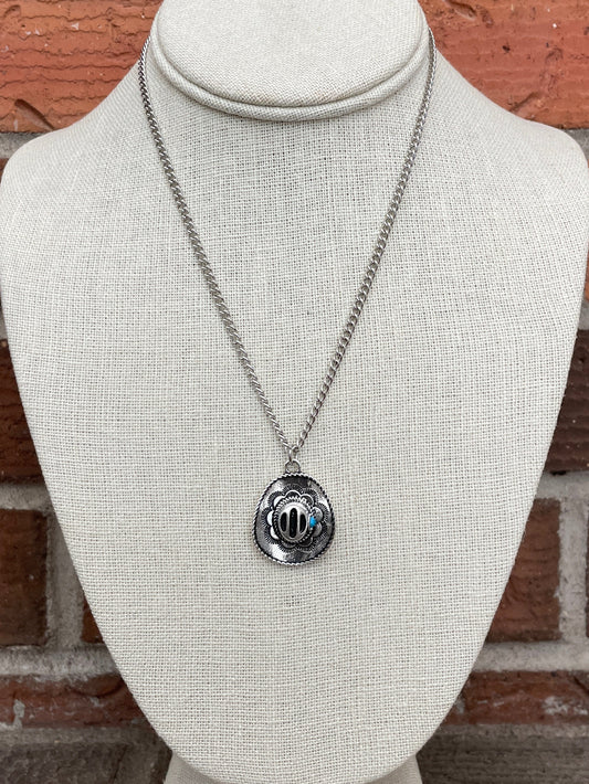 Detailed Cowboy Hat Necklace with Faux Turquoise